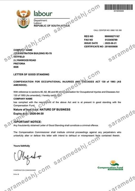 South Africa letter of good standing Word and PDF template
